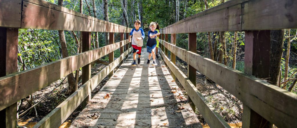 Three children run towards the camera across a wooden bridge at an outdoor park in the sunshine.