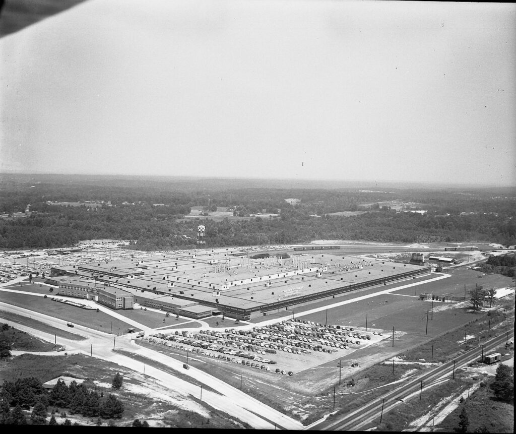 A black-and-white aerial photo of the General Motors Assembly Plant that is now Assembly Atlanta. Photo from DeKalb History Center.