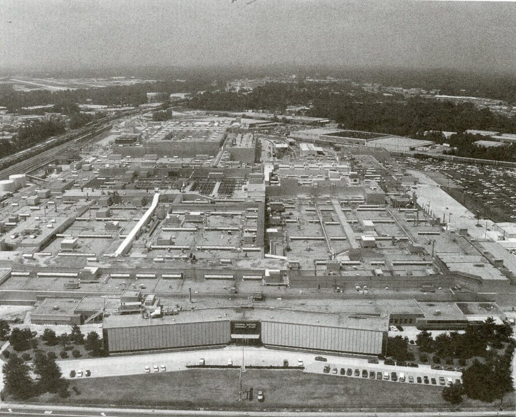A black-and-white overhead photo of the General Motors Assembly Plant that is now Assembly Atlanta. Photo from DeKalb History Center.
