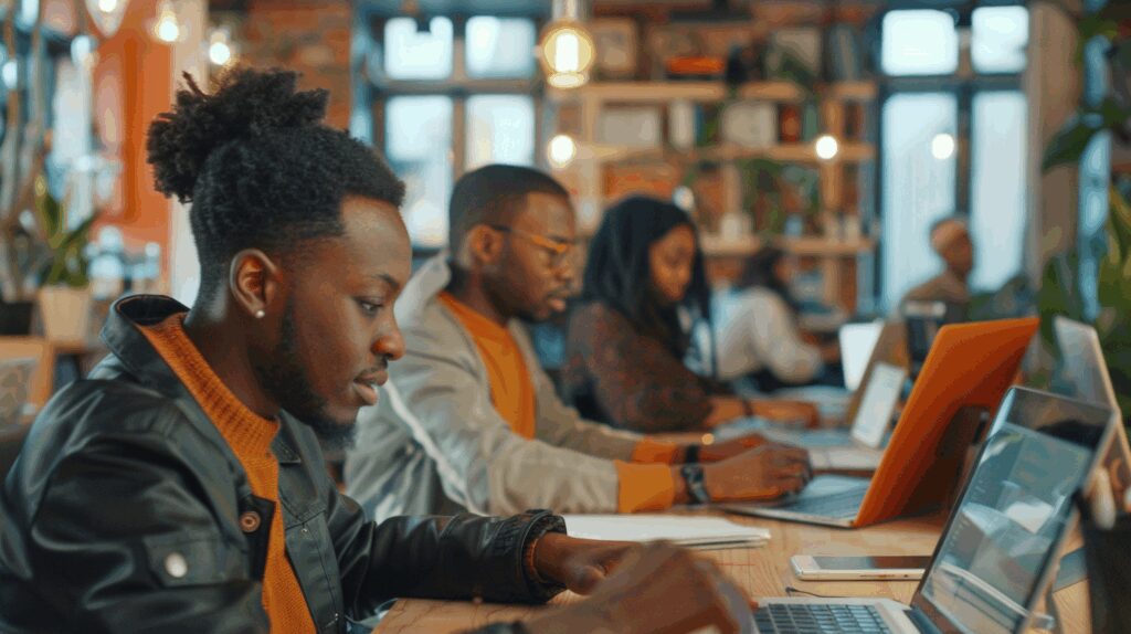Black entrepreneurs working together on laptops.