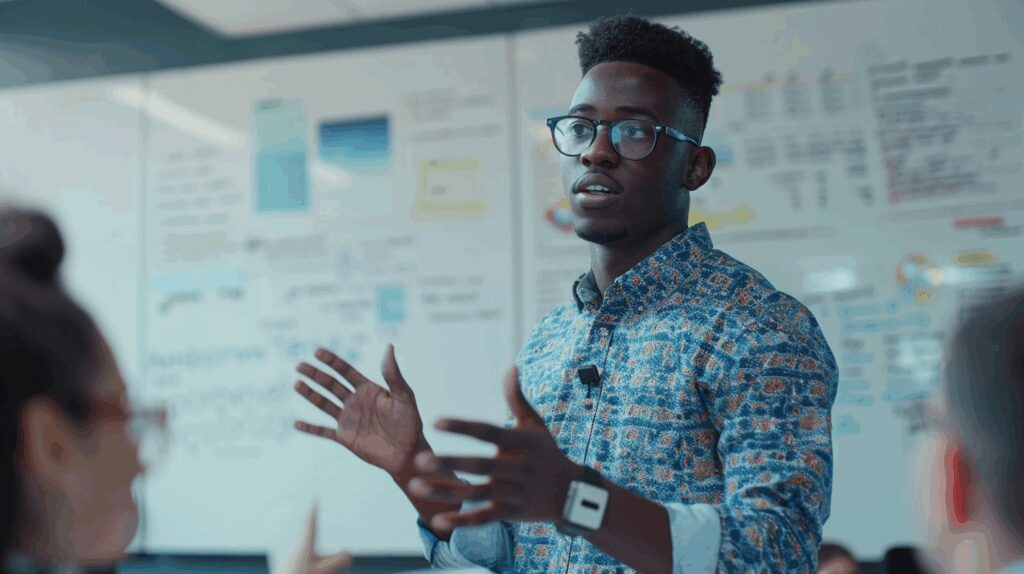 A young Black man giving a presentation.
