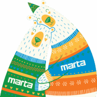 Hugging illustrated polar bears wearing sweaters with the MARTA logo