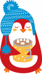 Illustrated penguin with a blue knit hat holding hot chocolate in a yellow mug
