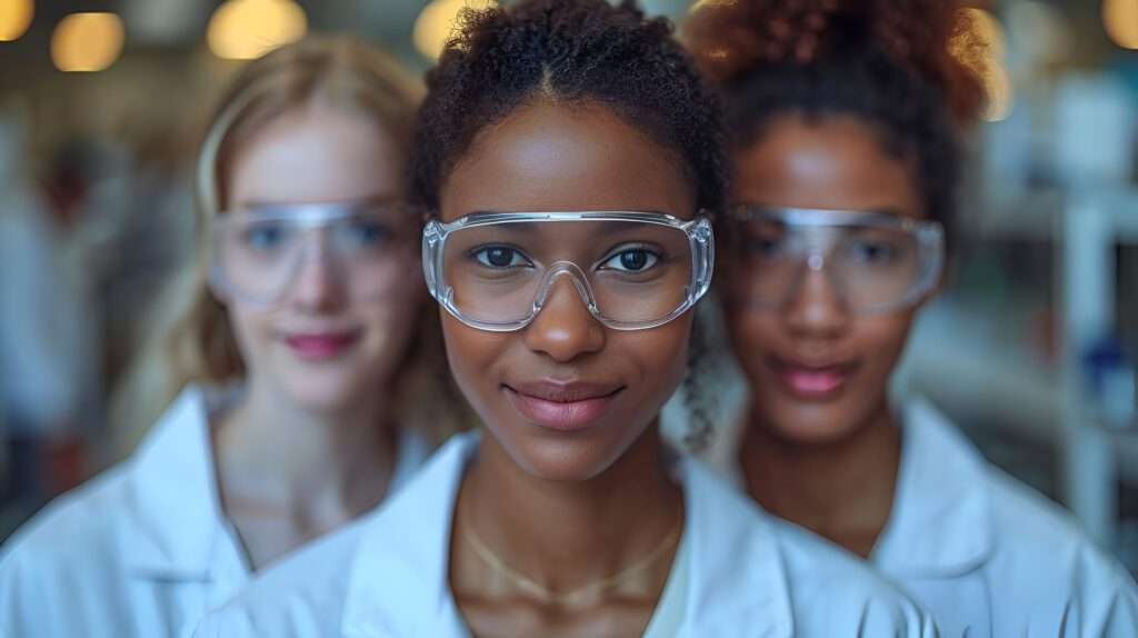 Young Black and white female entrepreneurs wearing safety goggles