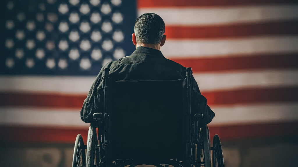 Veteran in wheelchair facing American flag.