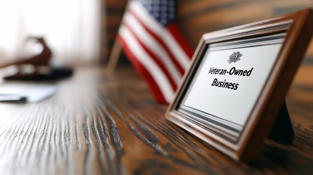 Veteran-owned business certification display with American flag in the background.